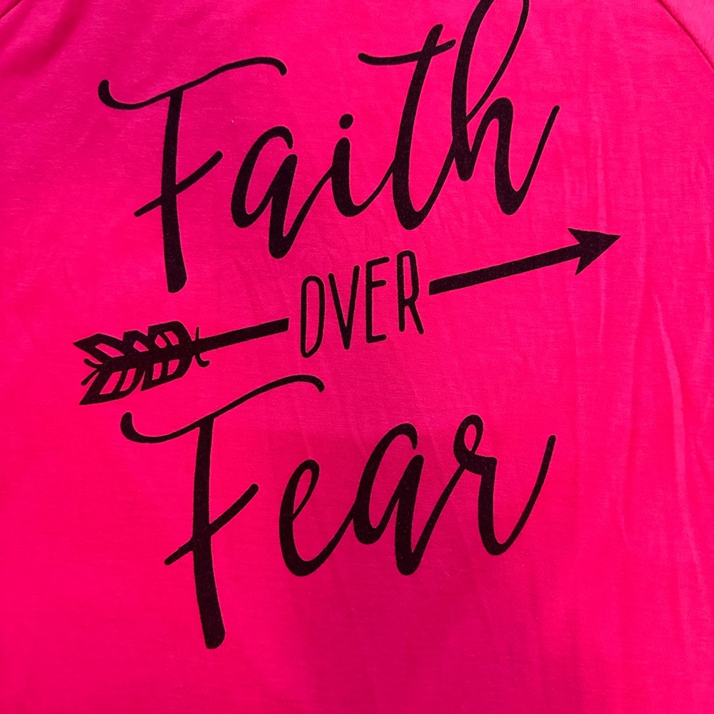 Hot Pink ‘Faith Over Fear’ long sleeve T shirt! Like new, worn once! Size Large.